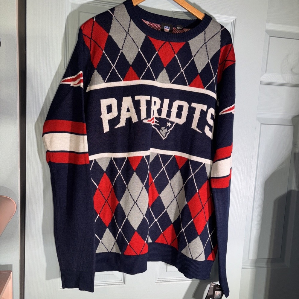 New England Patriots NFL Navy and Red Argyle Sweater. Sz 2XL. New